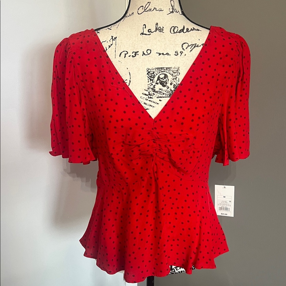 a new day Red Polka Dot V-Neck Butterfly Sleeve Blouse